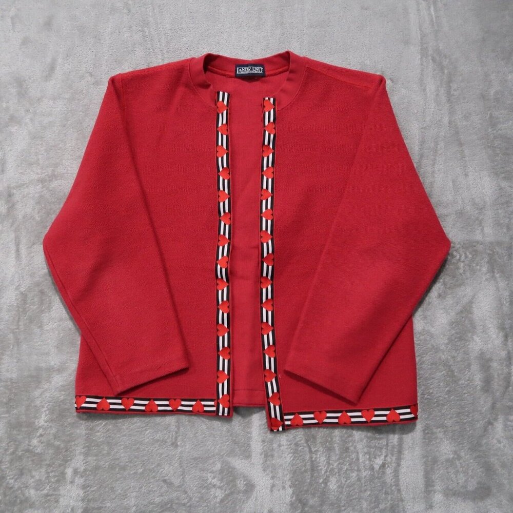 Lands End Sweater Womens M Red Open Cardigan Knit Hearts Holiday Casual Preppy